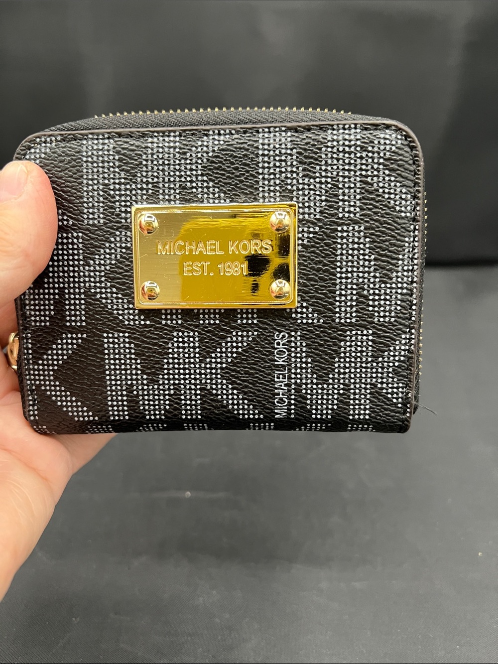 Michael Kors Black and White MK Signature Zip Wallet with Gold Plaque